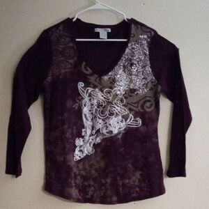 RXB Plum V-Neck Long Sleeve Top with Silver Floral Scroll
